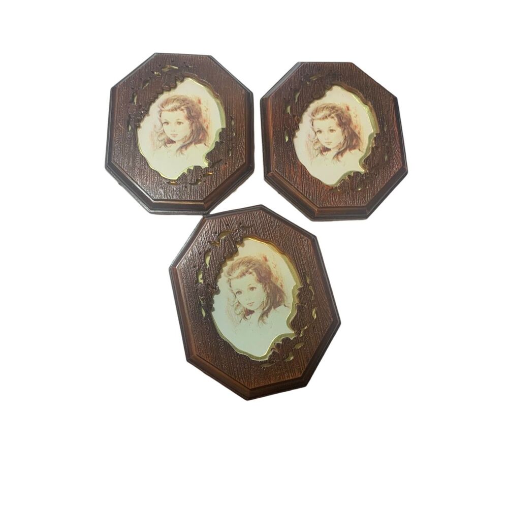 Vintage Old Time Set of 3 Faux Wood Picture Frames Mid Century Gold Trim Ornate